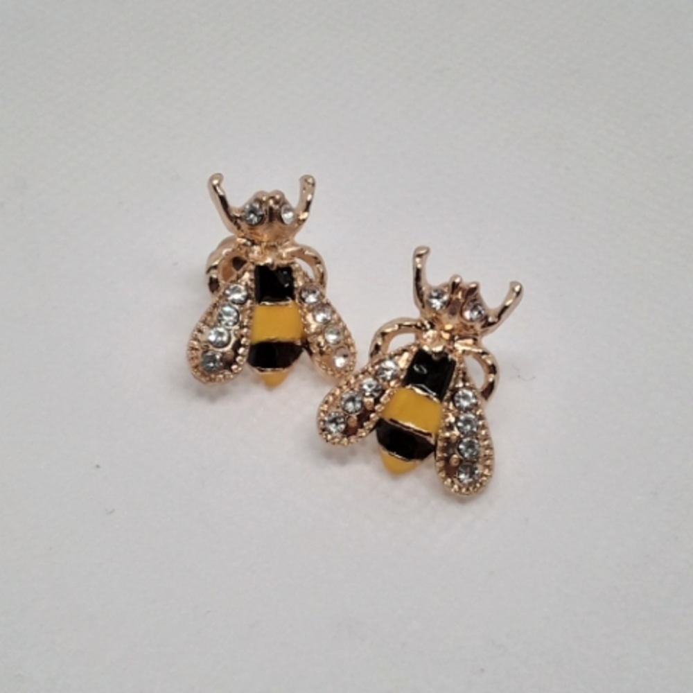 Rhinestone Bee Stud Earrings Sparkling Crystals Gold & Enamel Insect Jewelry